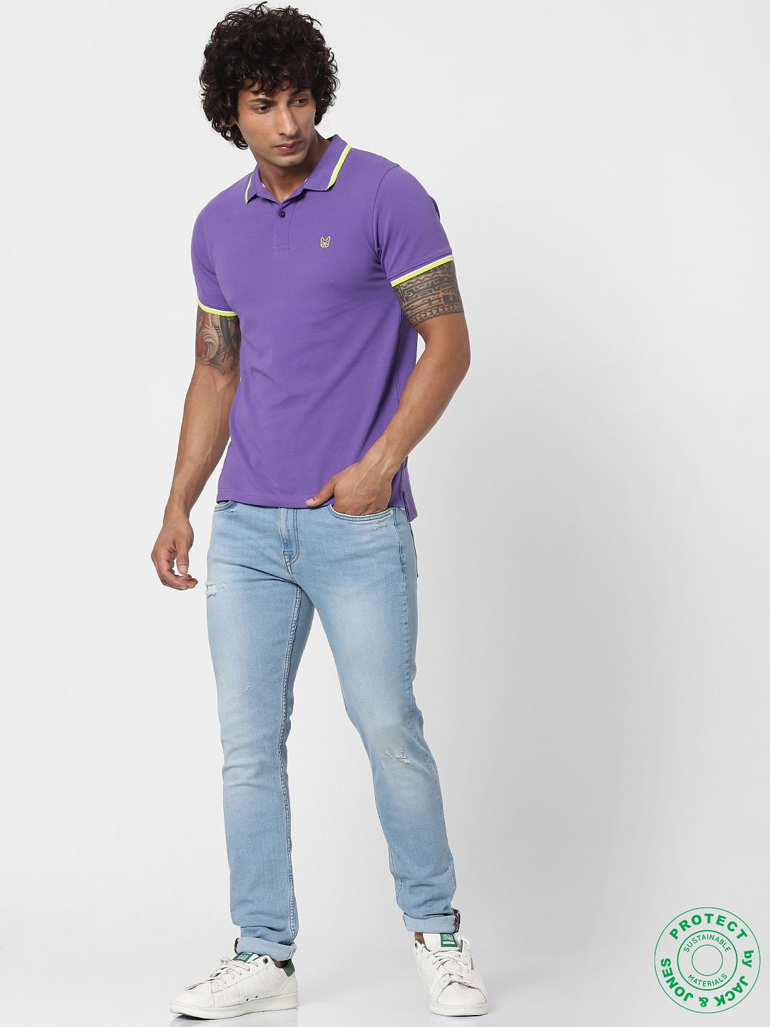 Purple Contrast Tipping Polo Neck T-shirt