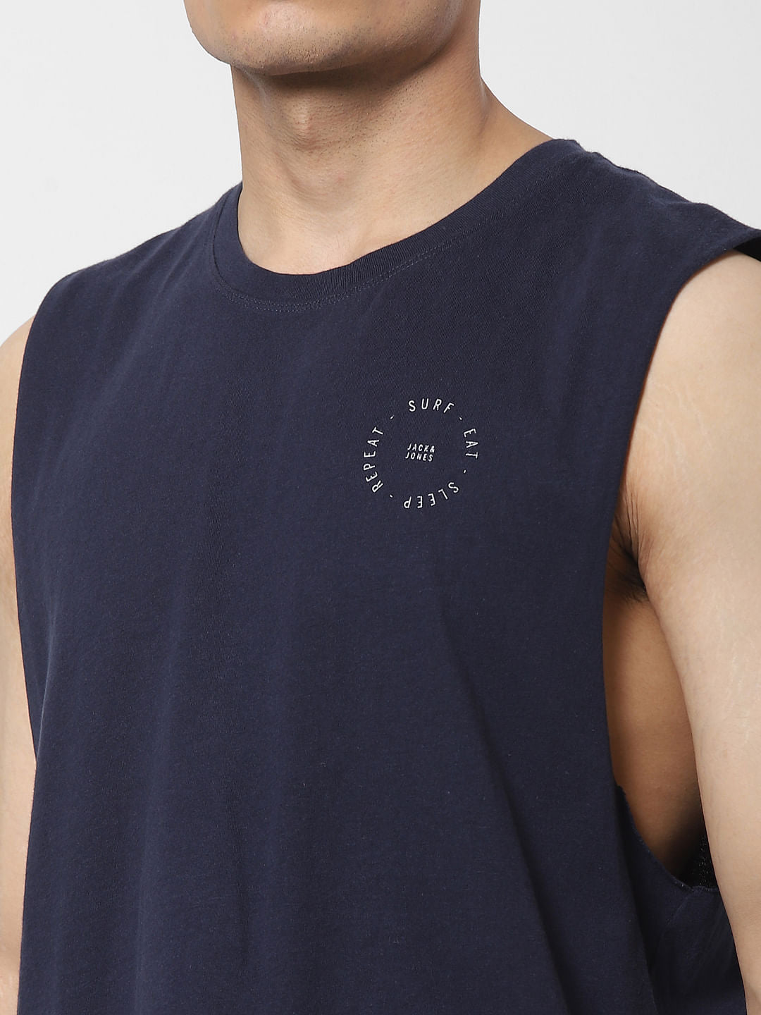 Navy Blue Slogan Print Sleeveless T-shirt