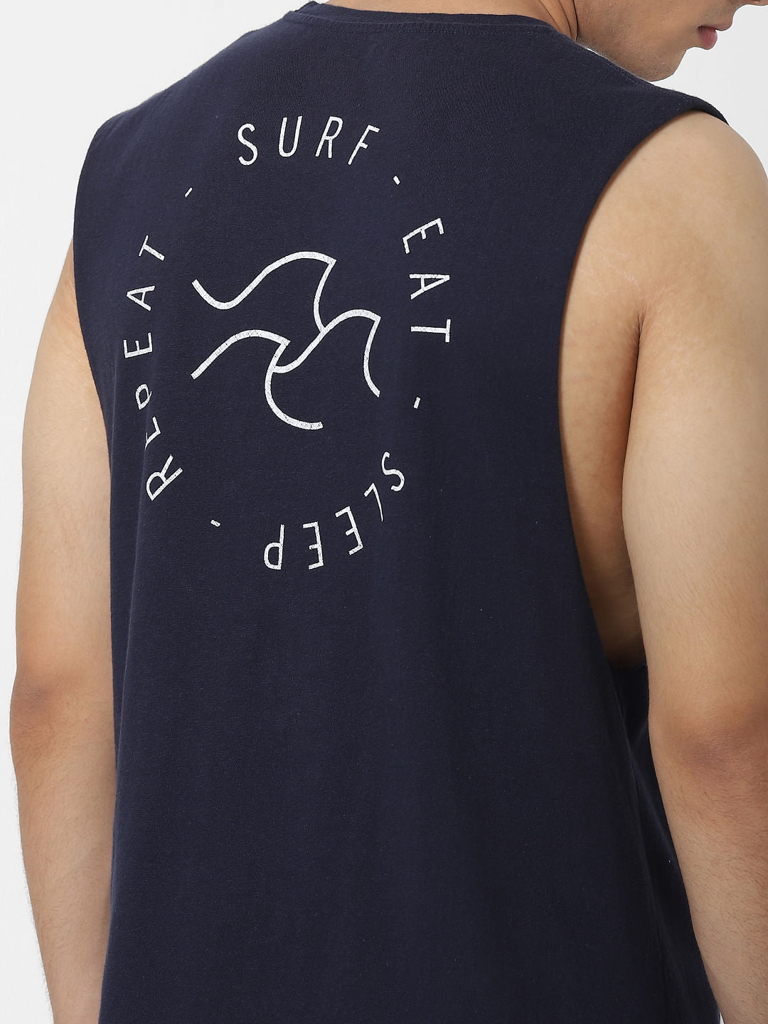 Navy Blue Slogan Print Sleeveless T-shirt