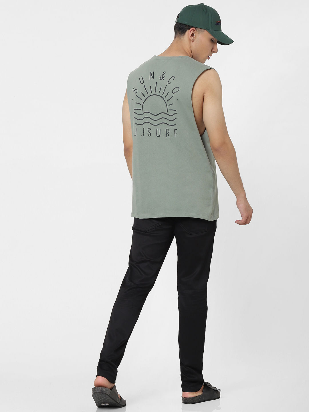 Green Text Print Sleeveless T-shirt