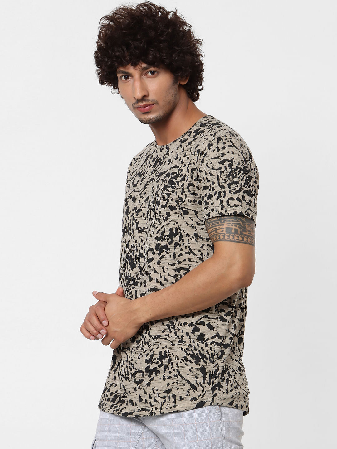 Brown Abstract Print Crew Neck T-shirt