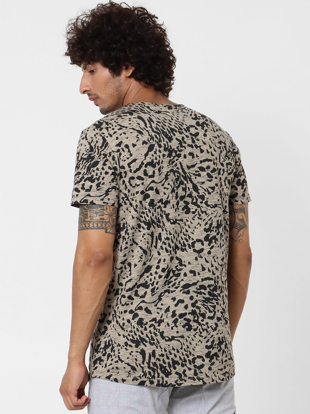 Brown Abstract Print Crew Neck T-shirt