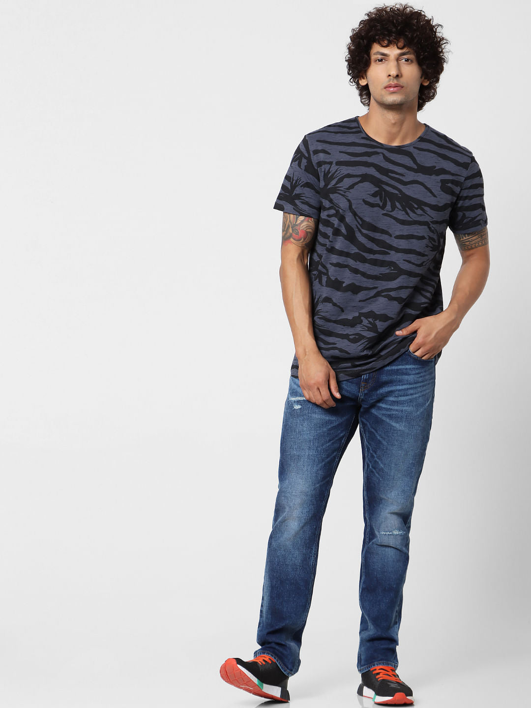 Blue Abstract Print Crew Neck T-shirt