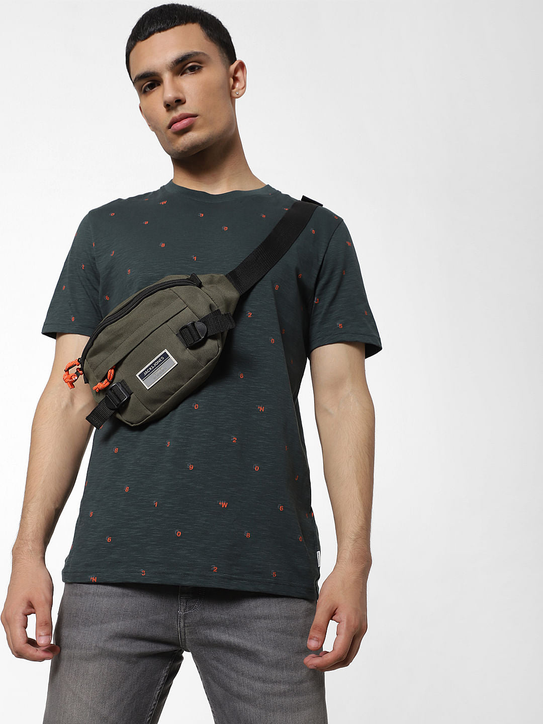 Dark Green All Over Print Crew Neck T-shirt