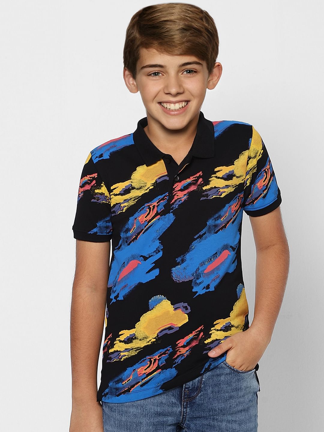 Boys Black Abstract Print Polo Neck T-shirt