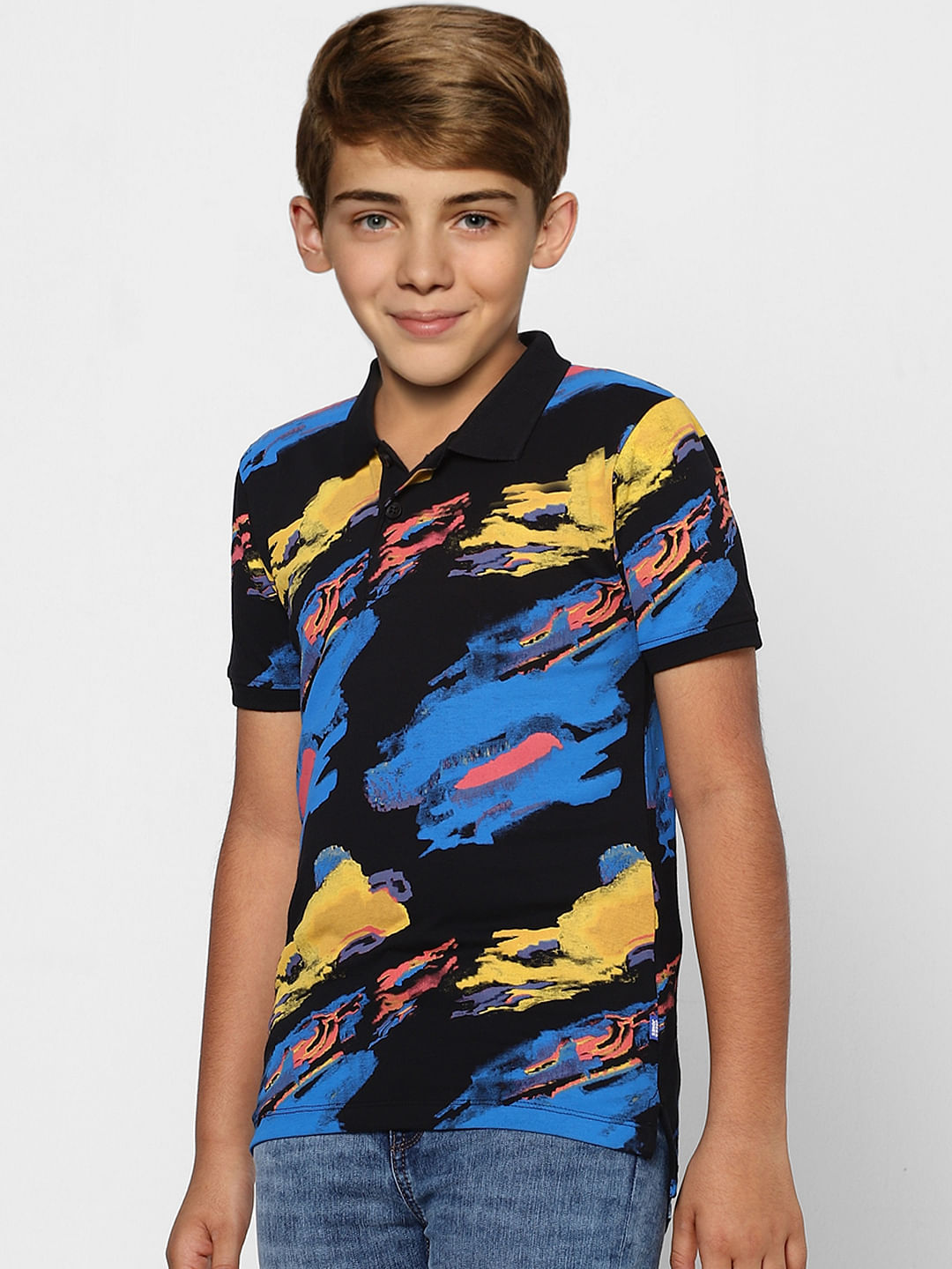 Boys Black Abstract Print Polo Neck T-shirt