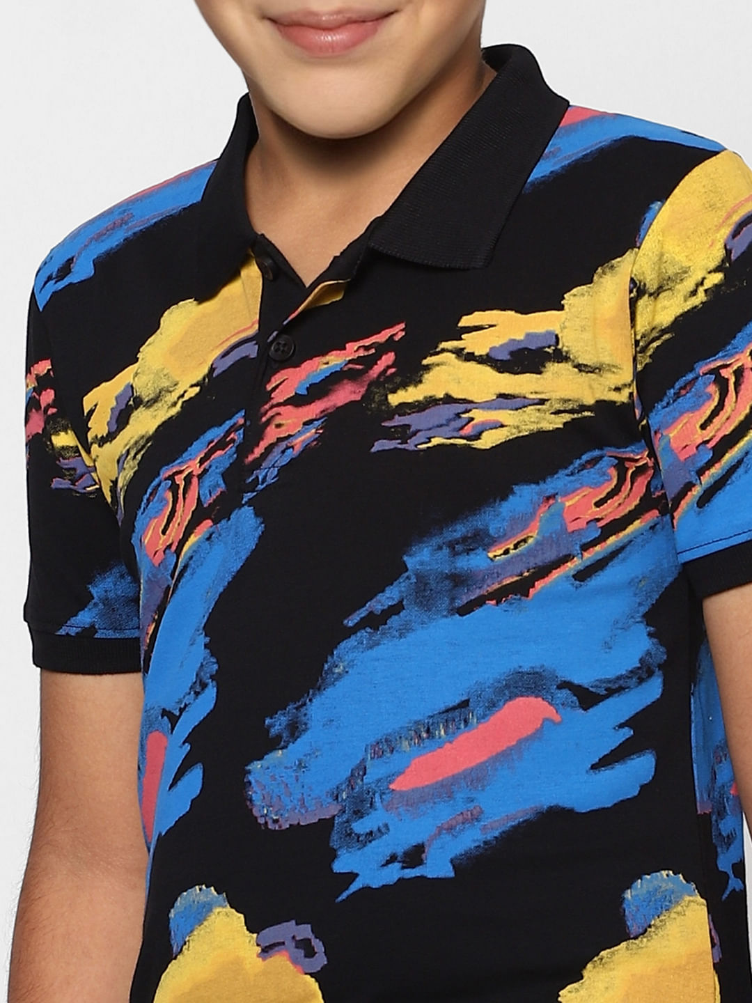 Boys Black Abstract Print Polo Neck T-shirt