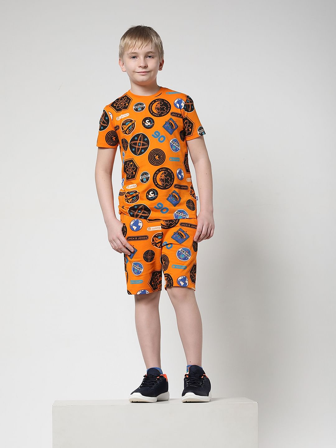 Boys Orange Printed Co-ord Set Shorts