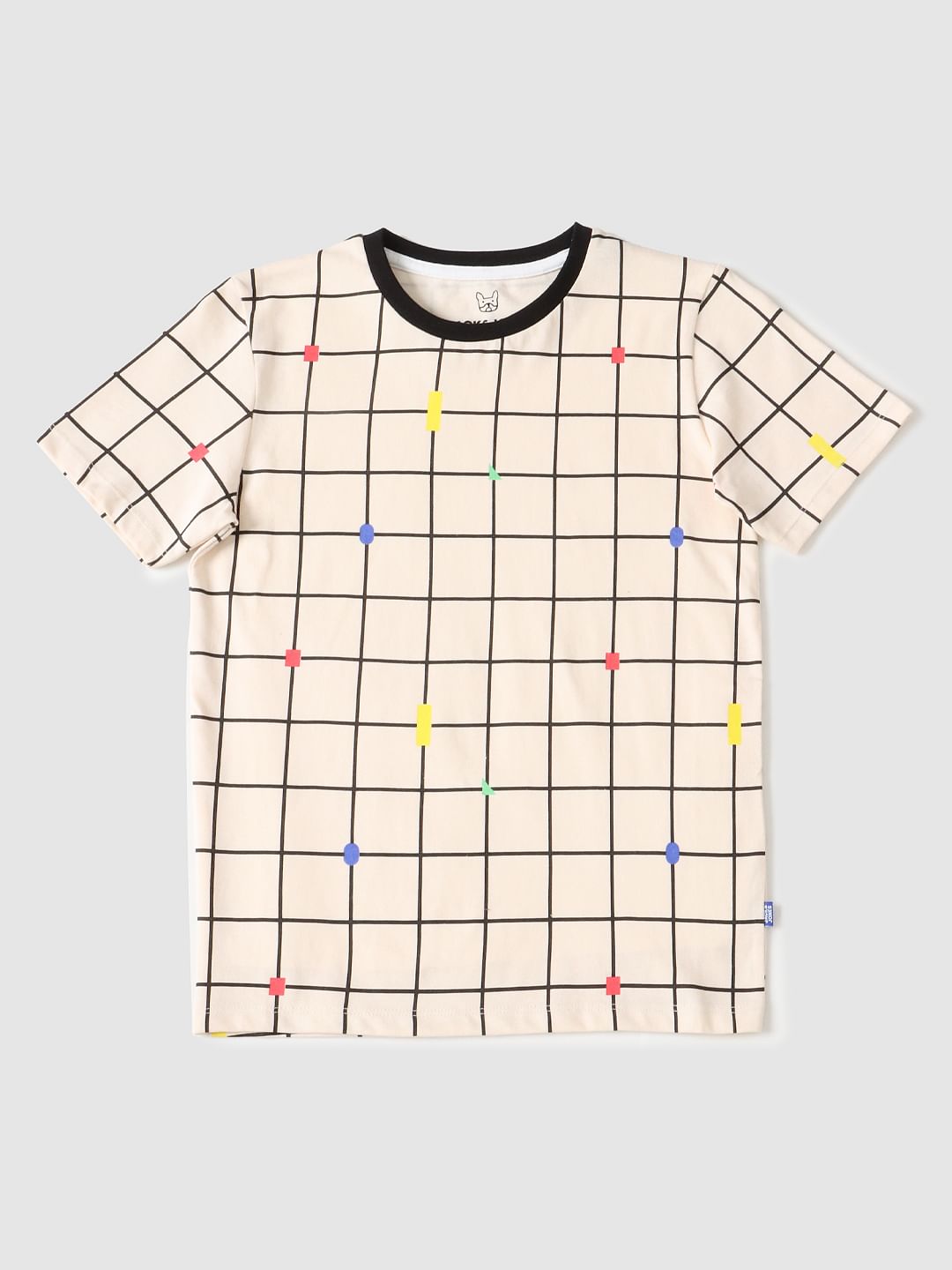 Boys Beige Grid Print Crew Neck T-shirt