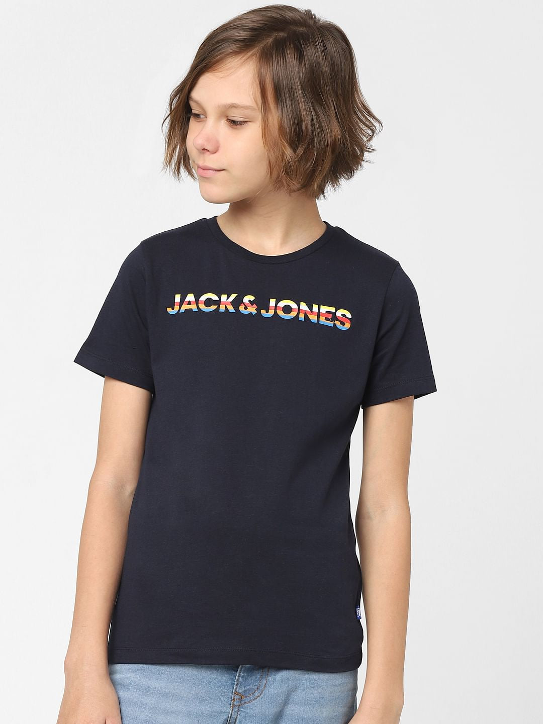 Boys Navy Blue Logo Print Crew Neck T-shirt