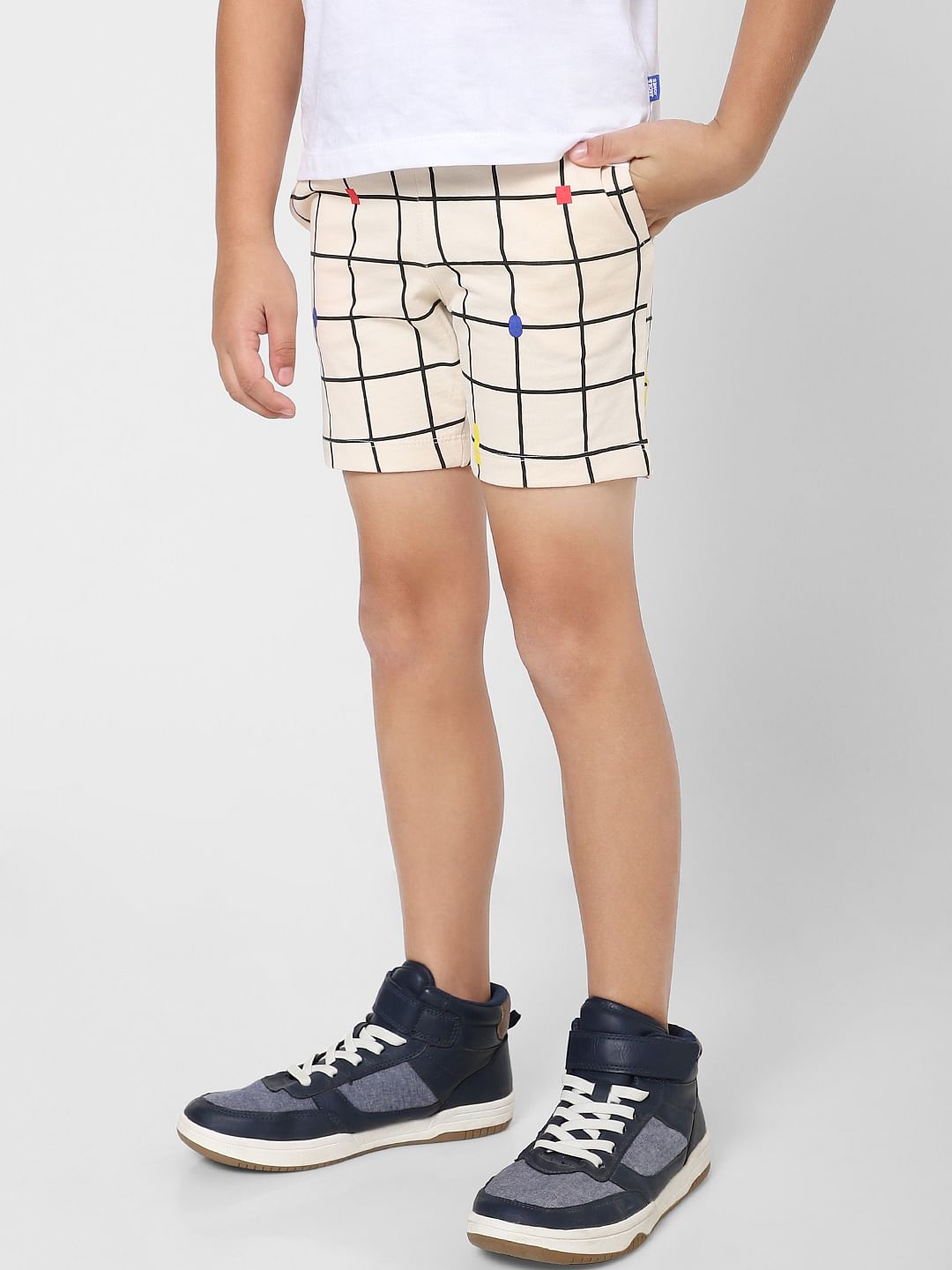Boys Beige Mid Rise Grid Print Sweatshorts