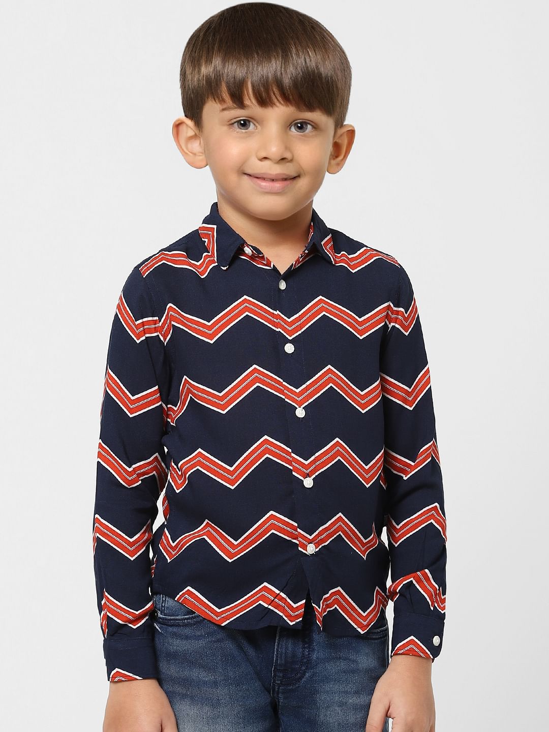 Boys Blue Zig Zag Print Full Sleeves Shirt