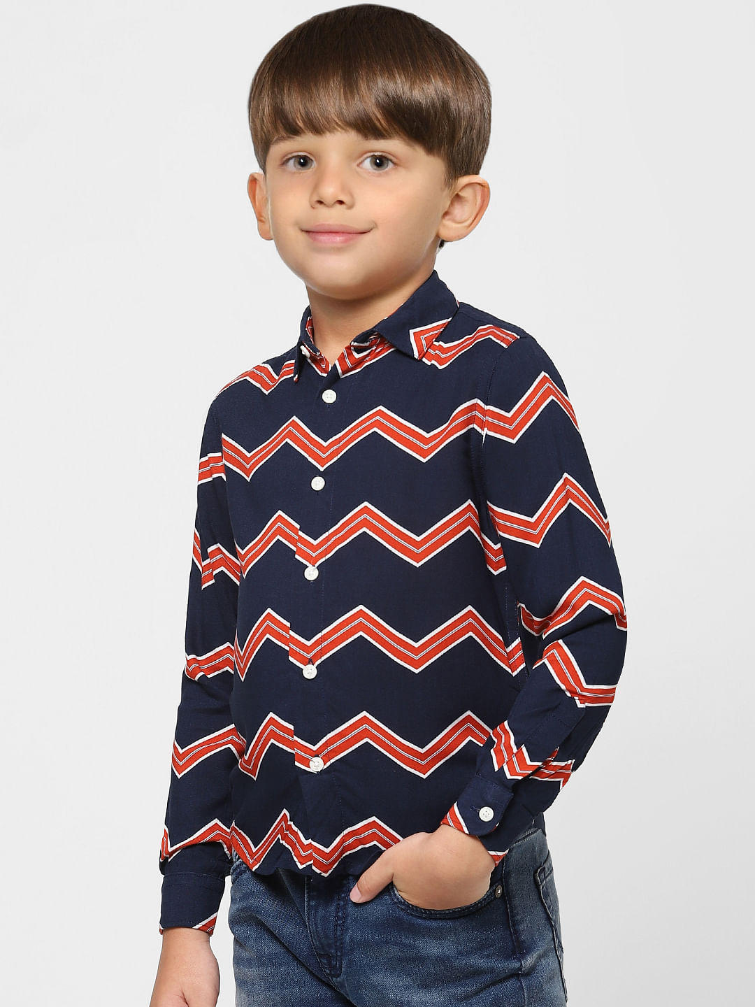 Boys Blue Zig Zag Print Full Sleeves Shirt