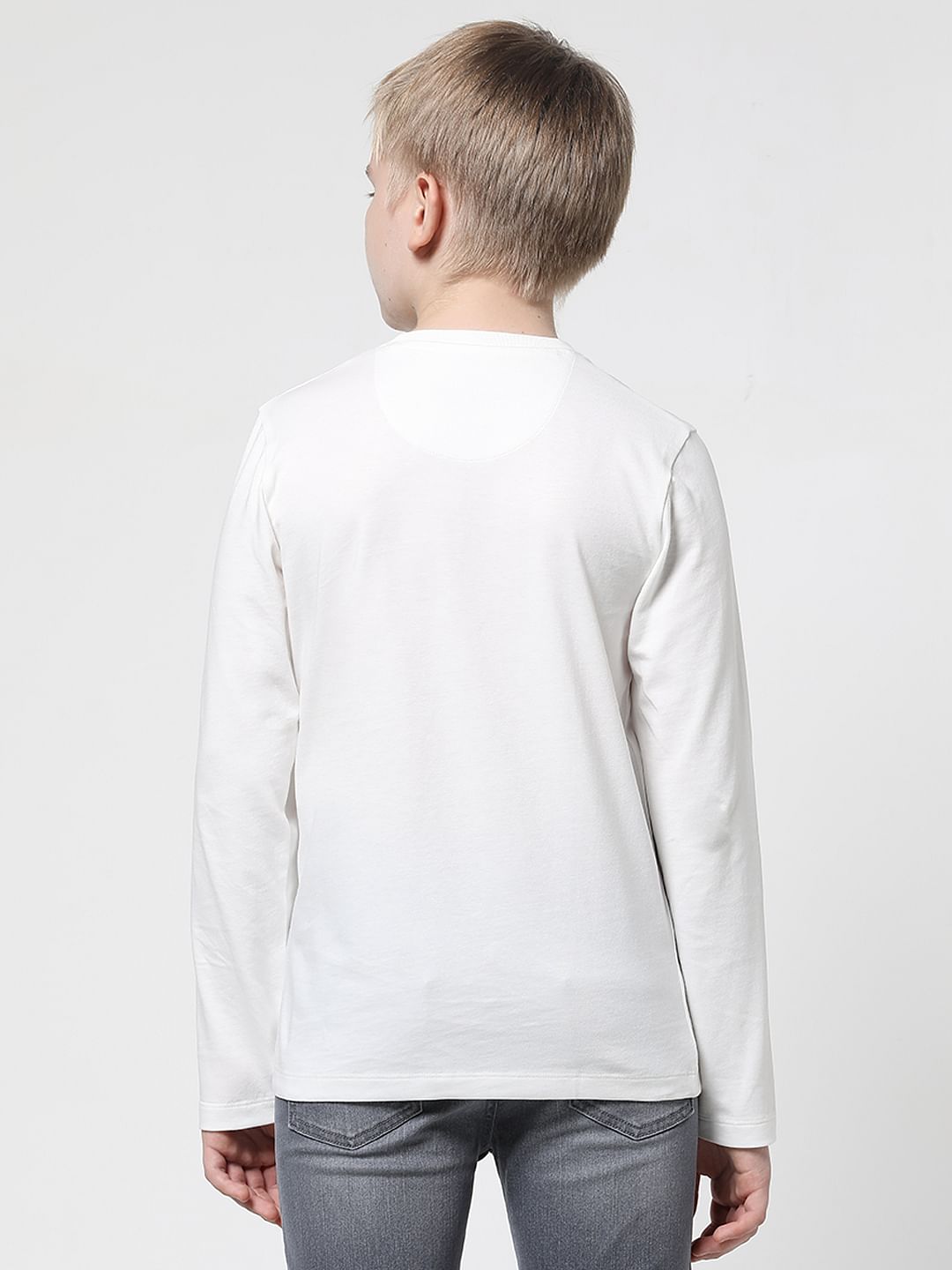 Boys White Embellished Full Sleeves T-shirt