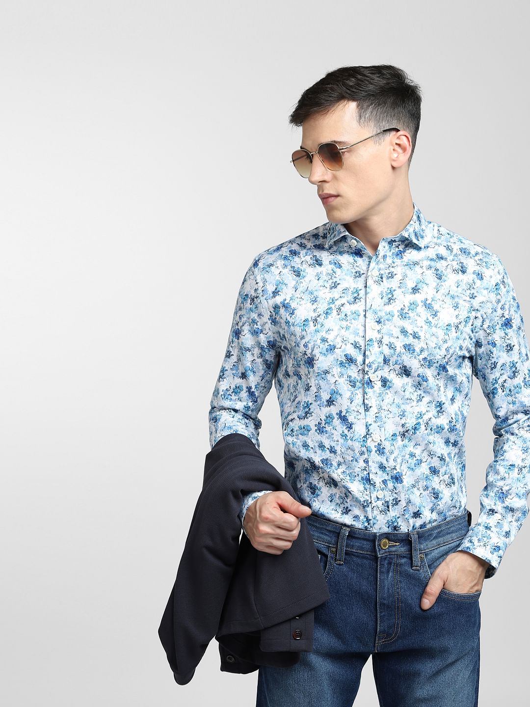 Blue Floral Print Full Sleeves Shirt