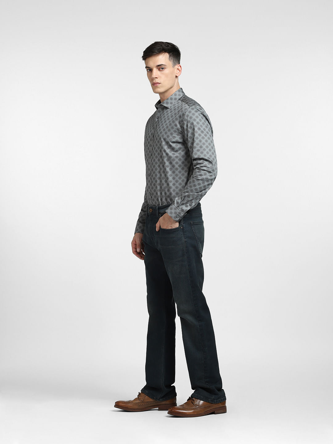 Grey Printed Full Sleeves Shirt