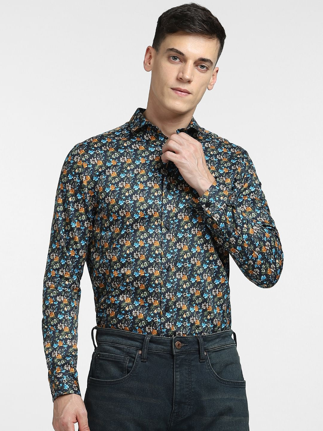 Dark Blue Floral Full Sleeves Shirt