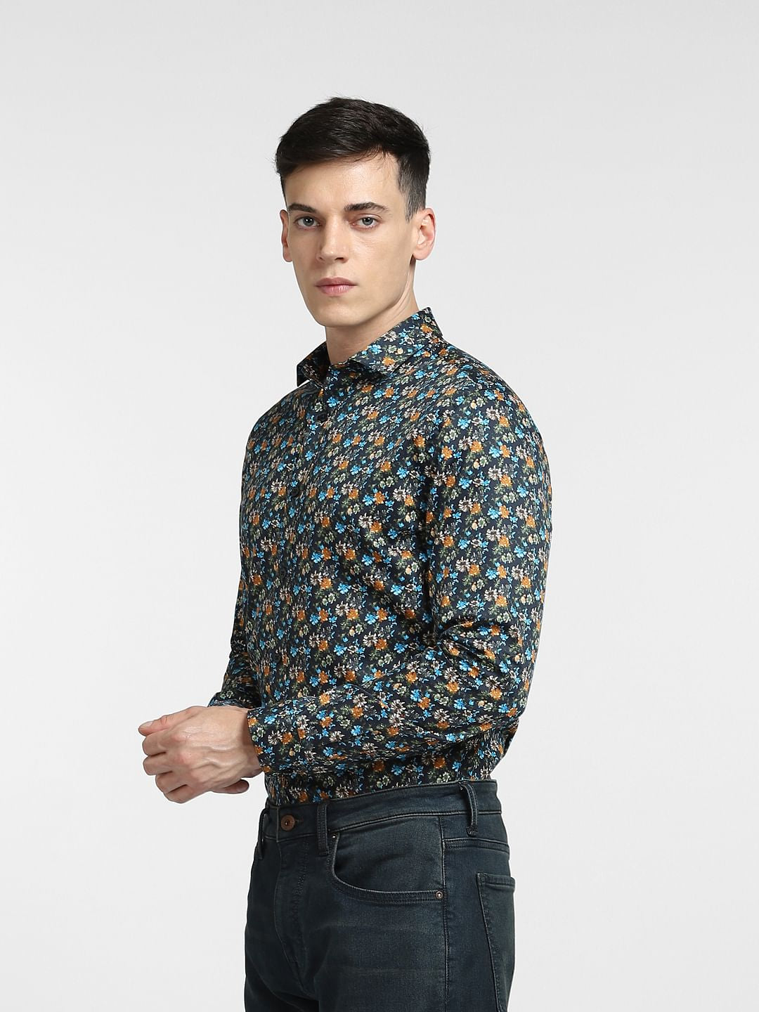 Dark Blue Floral Full Sleeves Shirt