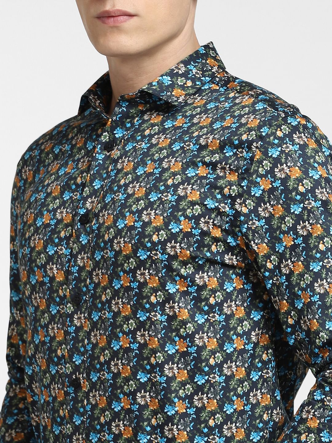 Dark Blue Floral Full Sleeves Shirt