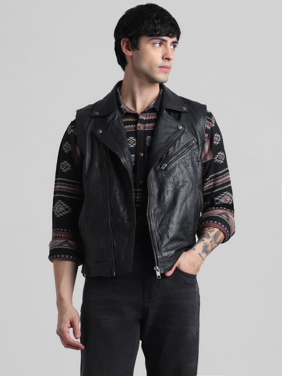 Black Leather Sleeveless Biker Jacket