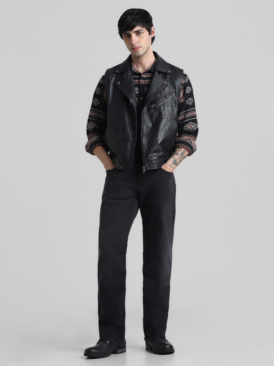 Black Leather Sleeveless Biker Jacket