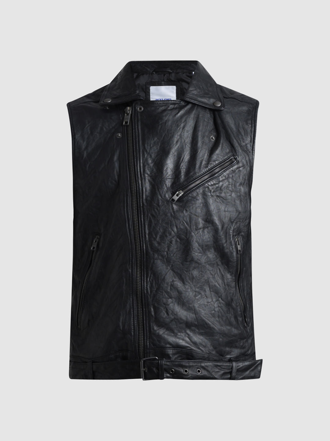 Black Leather Sleeveless Biker Jacket