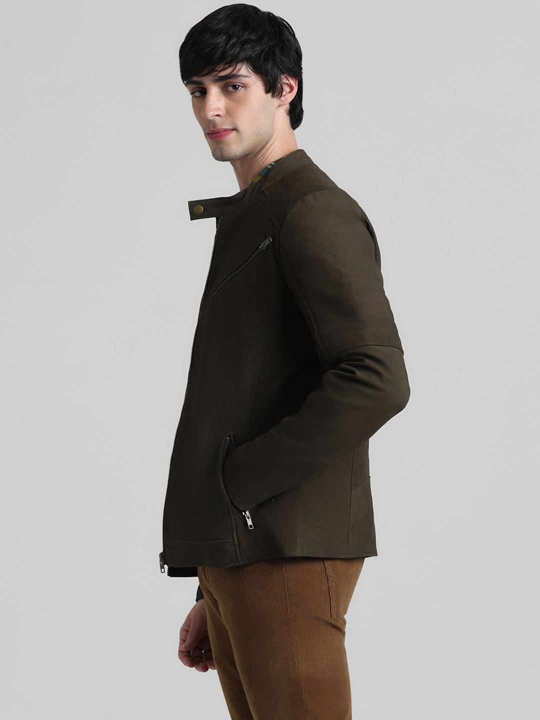 Olive Zip-Up Leather Jacket