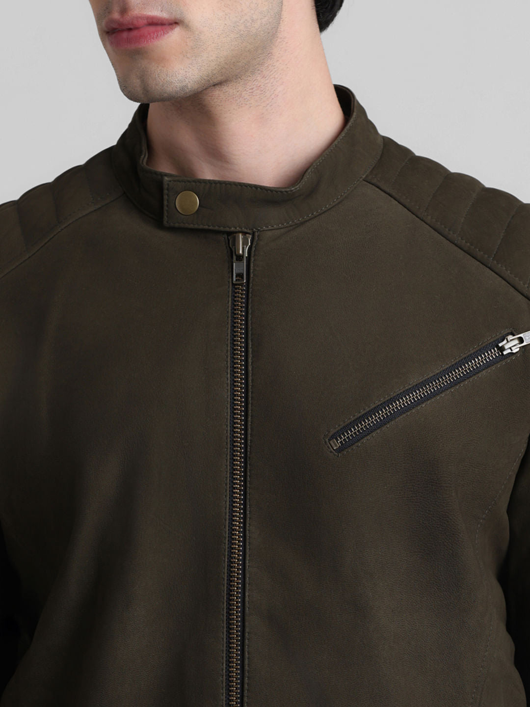 Olive Zip-Up Leather Jacket