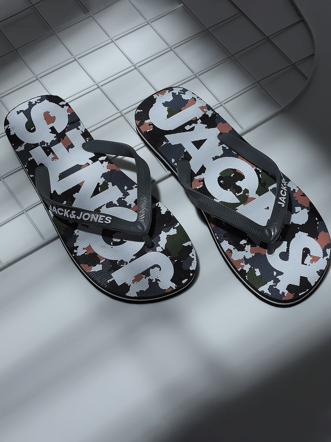 Grey Camo Print Flip Flops