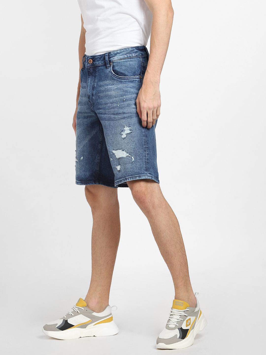 Blue Low Rise Distressed Denim Shorts