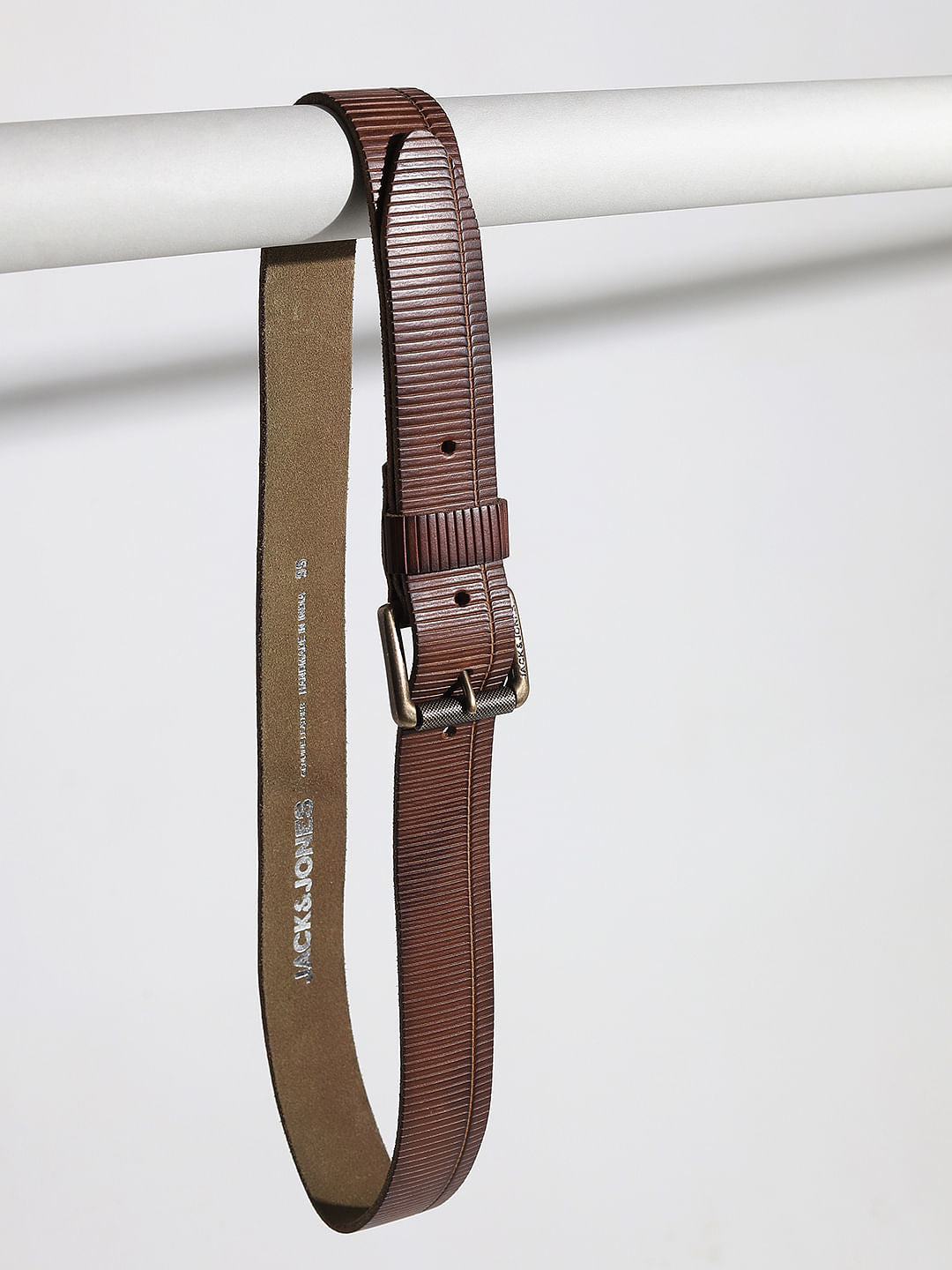 Brown Textured Striped Leather Belt