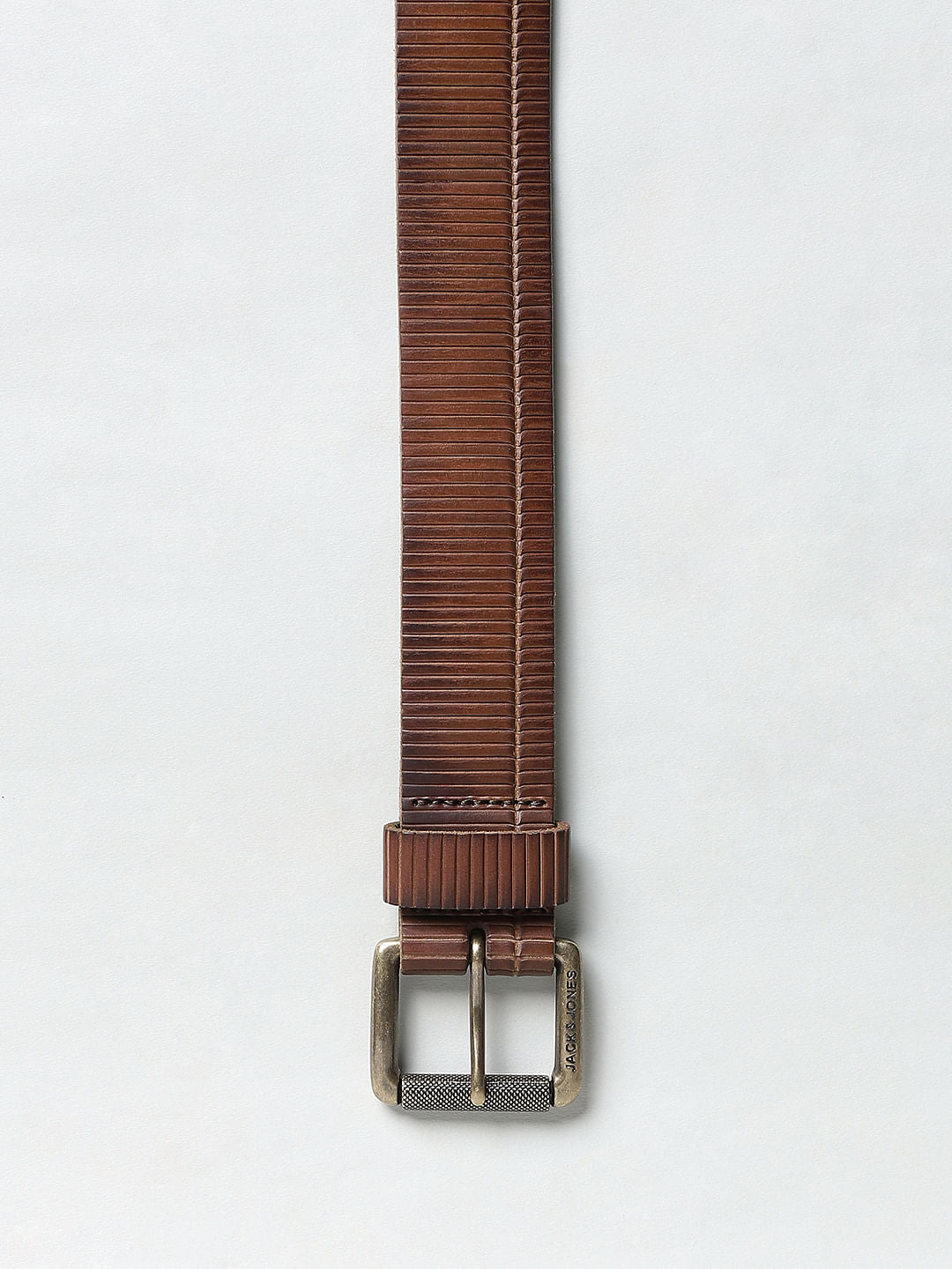 Brown Textured Striped Leather Belt