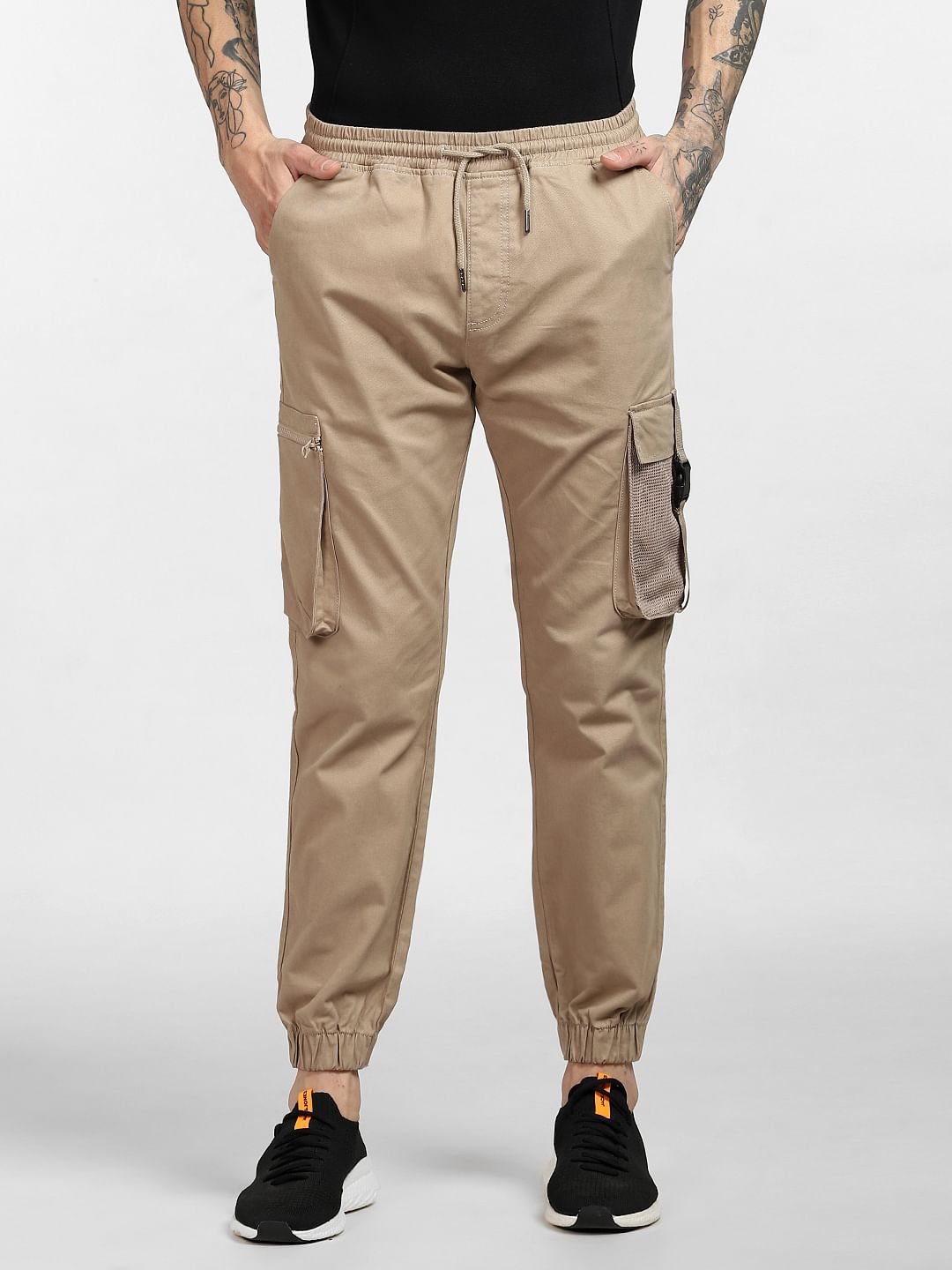 Beige Mid Rise Cargo Pants