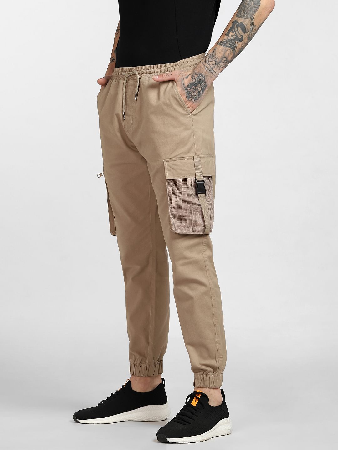 Beige Mid Rise Cargo Pants