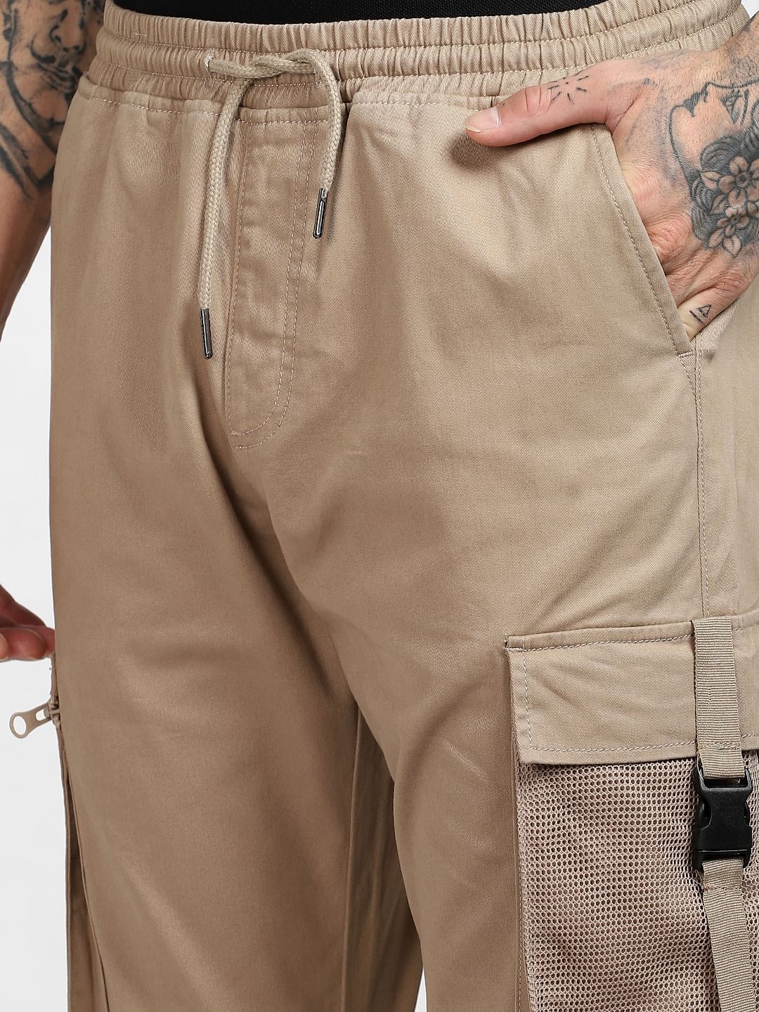 Beige Mid Rise Cargo Pants