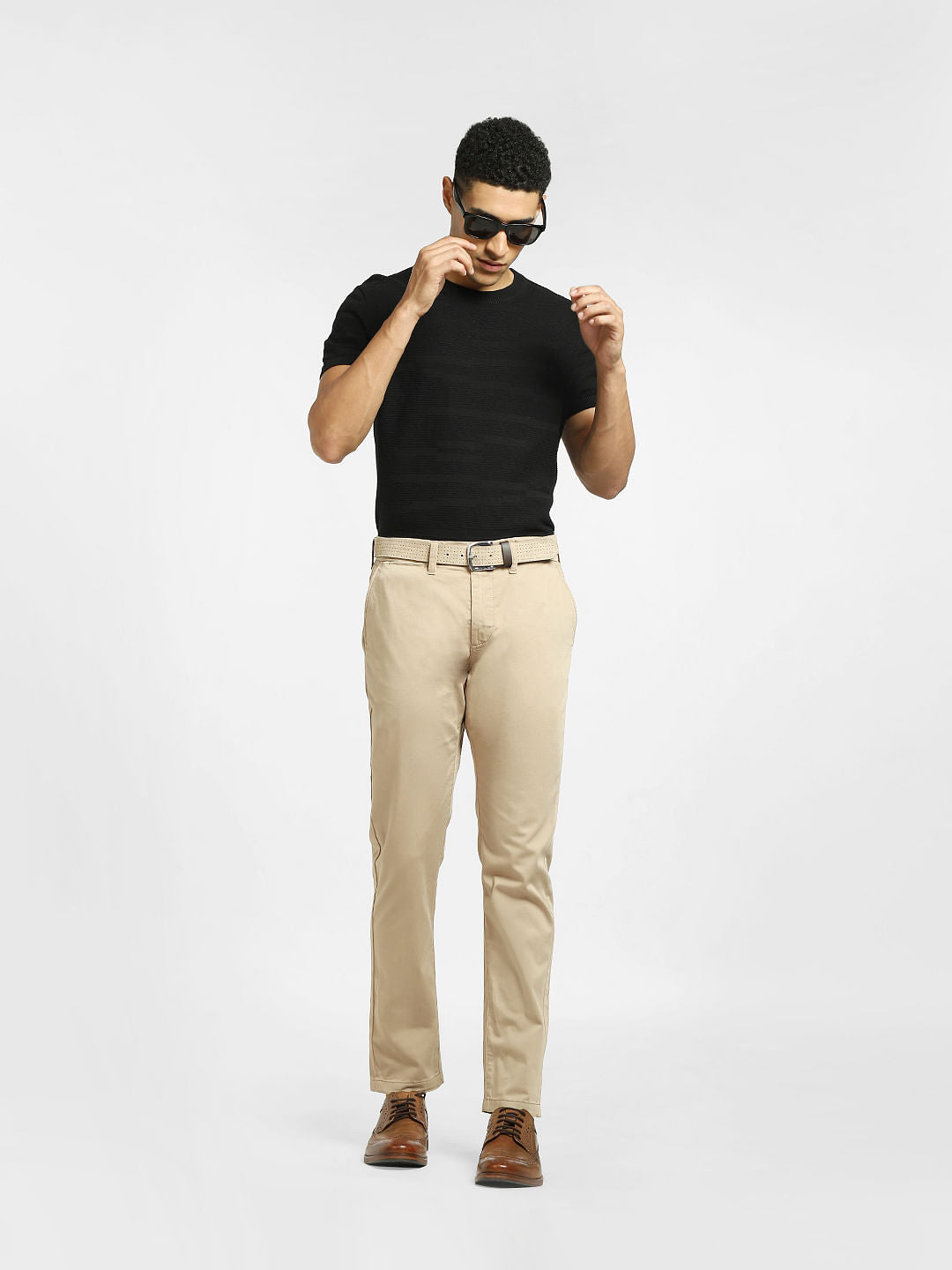 BEIGE LOW RISE REGULAR FIT PANTS