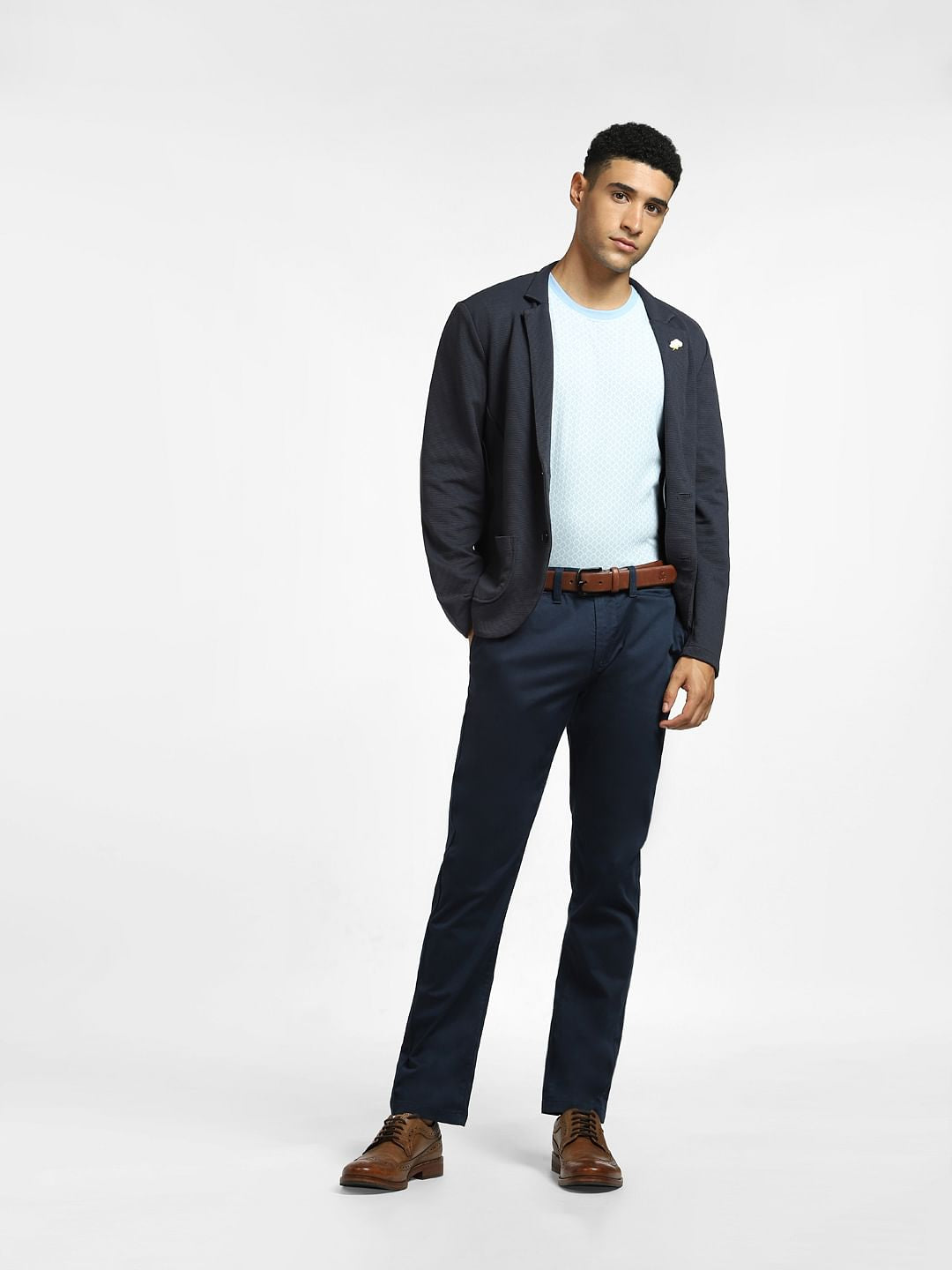 Navy Blue Mid Rise Regular Fit Pants