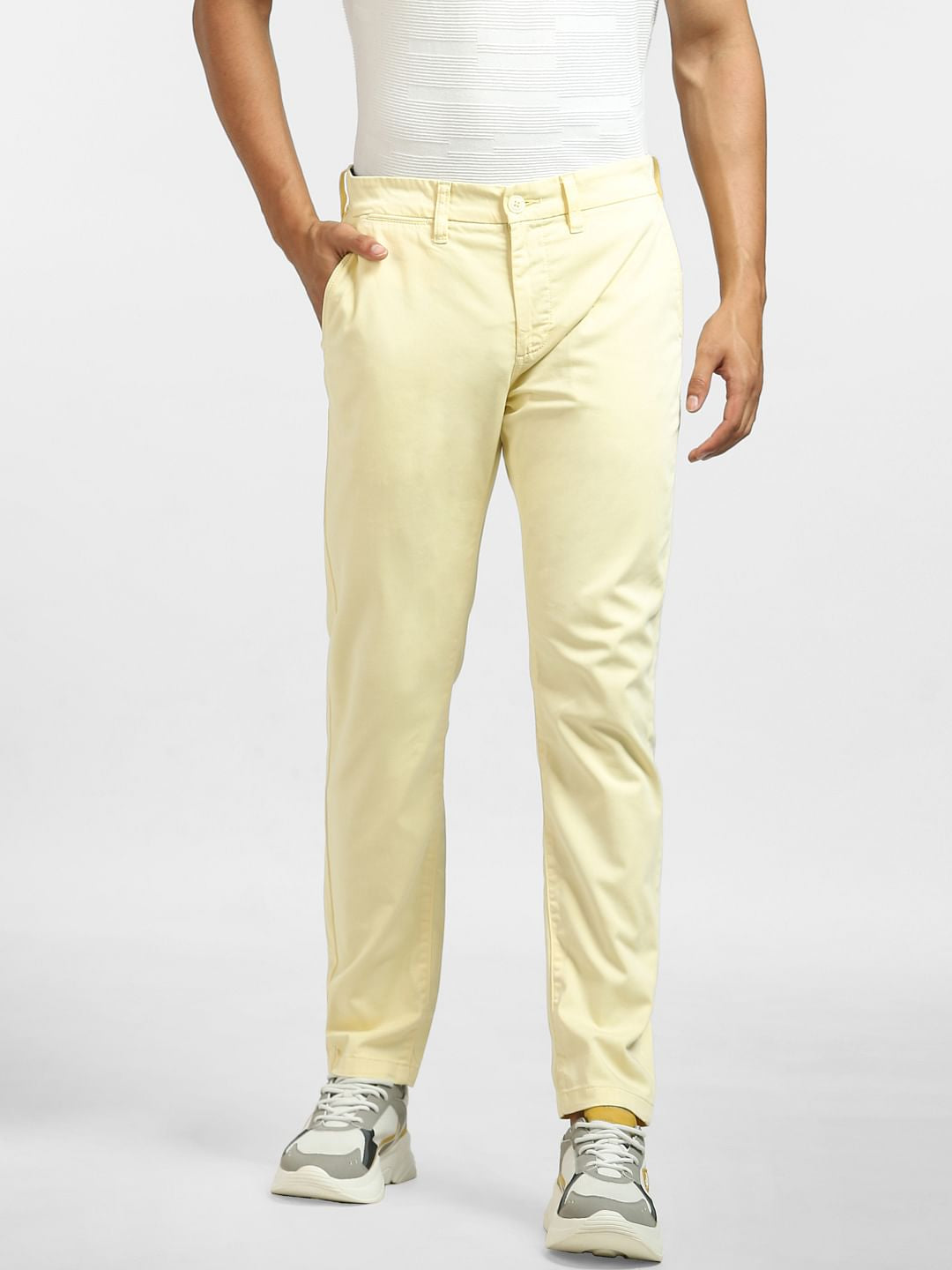 Cream Mid Rise Regular Fit Pants