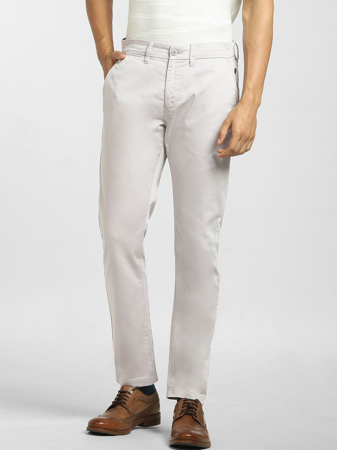 Light Grey Mid Rise Regular Fit Pants