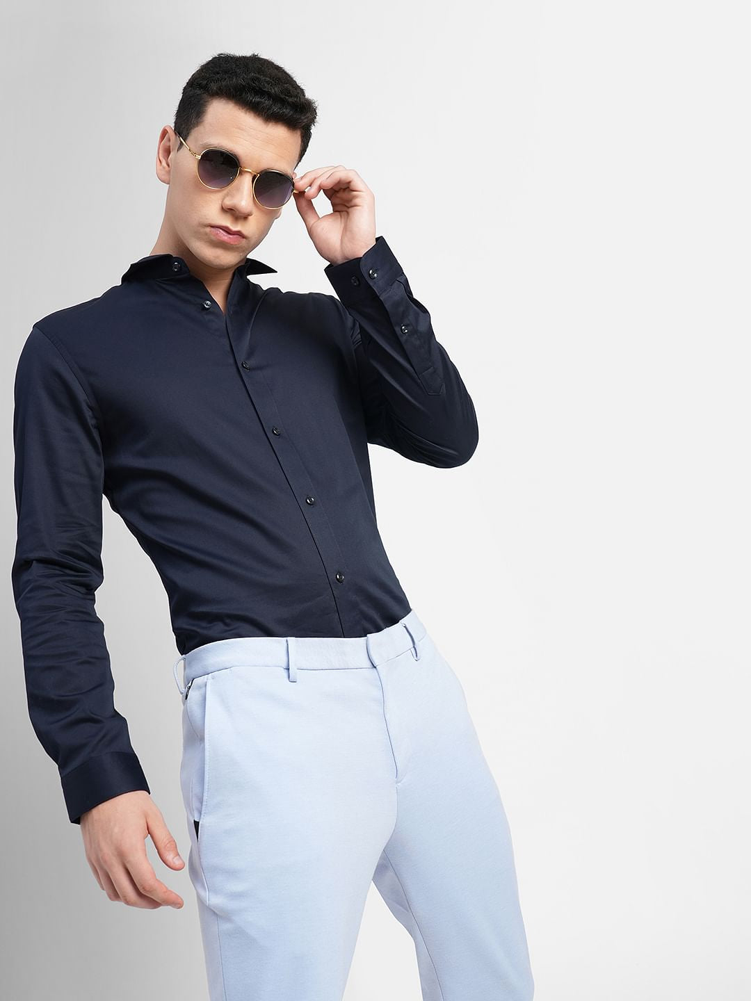 Cotton Stretch Slim Fit Shirt - Navy Blue