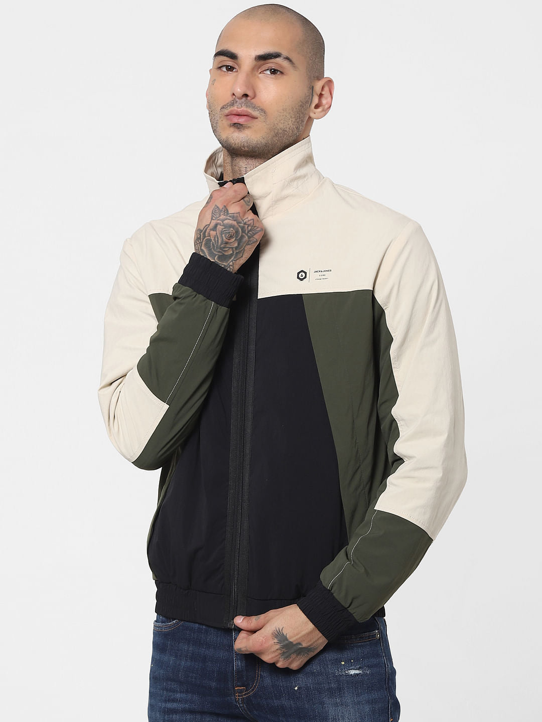 Beige Colourblocked Bomber Jacket