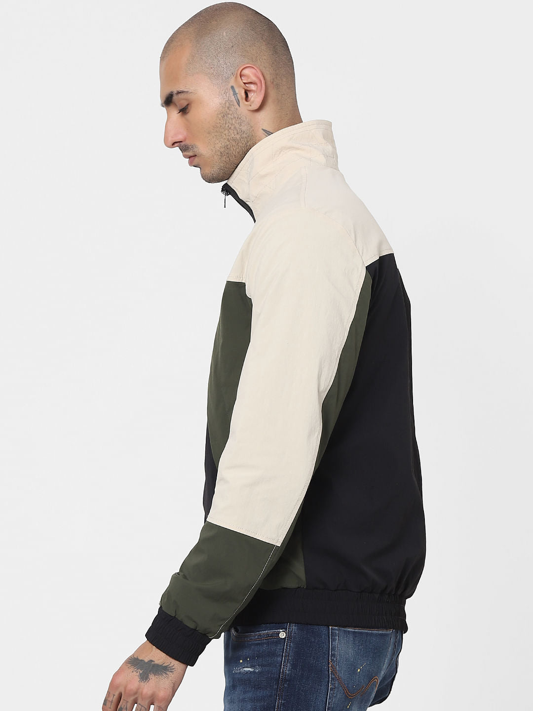 Beige Colourblocked Bomber Jacket