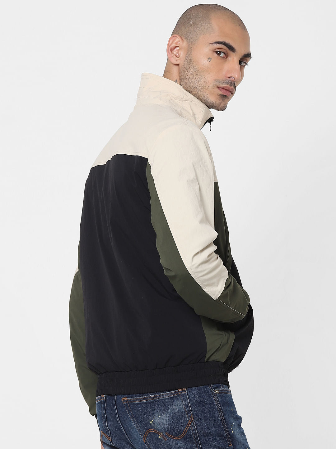 Beige Colourblocked Bomber Jacket