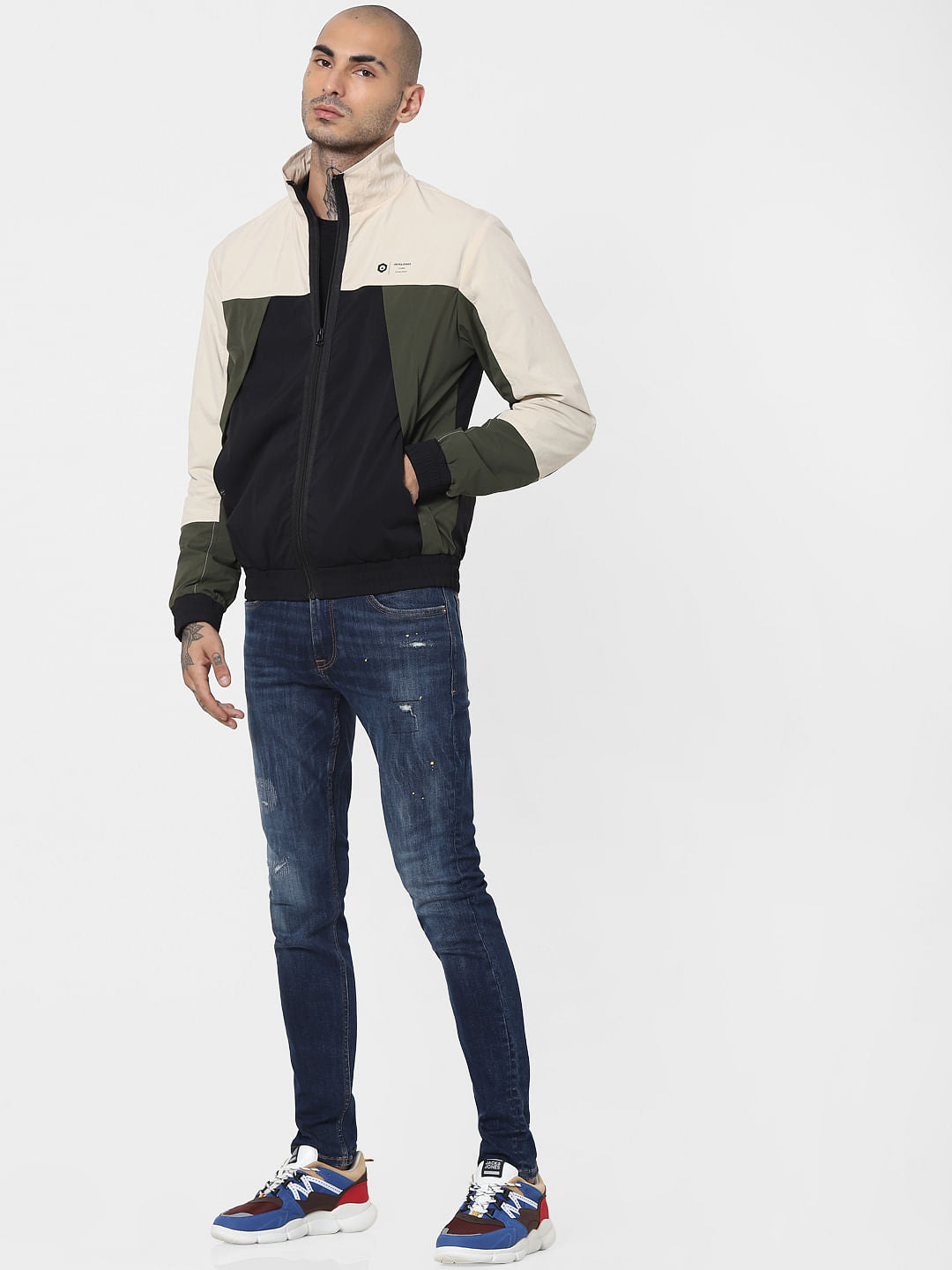 Beige Colourblocked Bomber Jacket