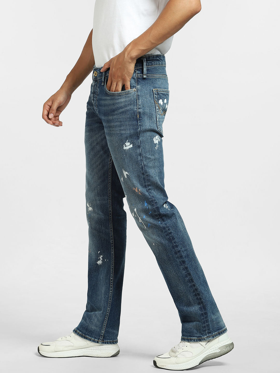 Blue Mid Rise Paint Detail Regular Jeans