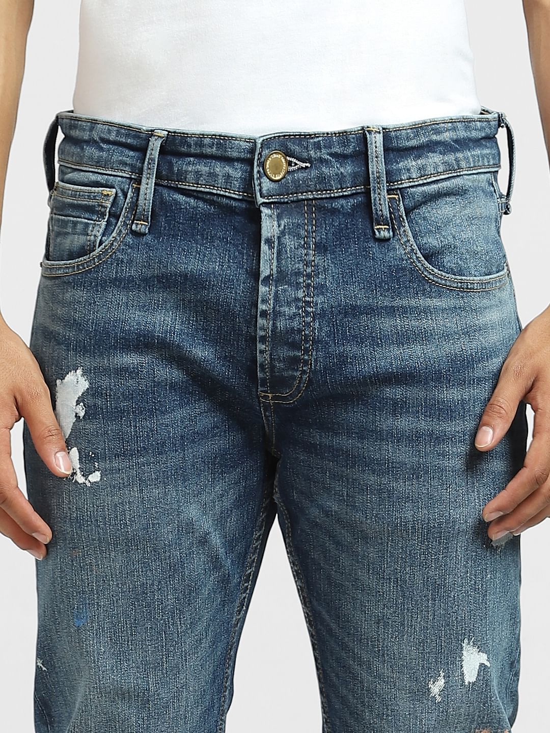 Blue Mid Rise Paint Detail Regular Jeans