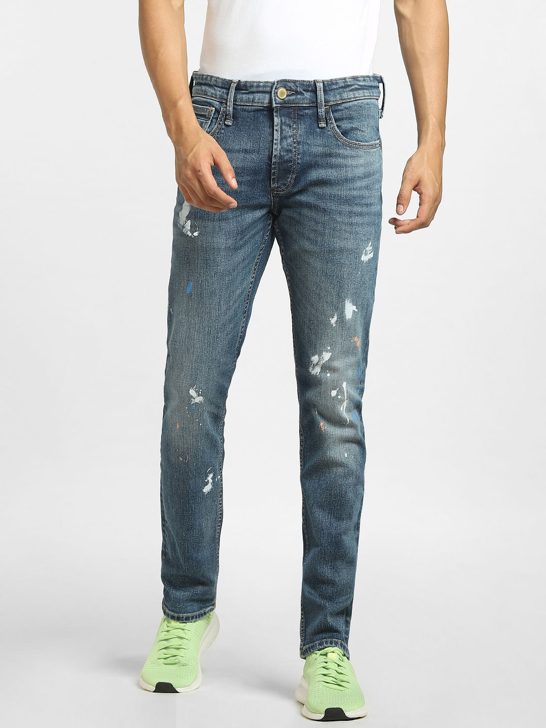 Blue Low Rise Paint Detail Slim Jeans