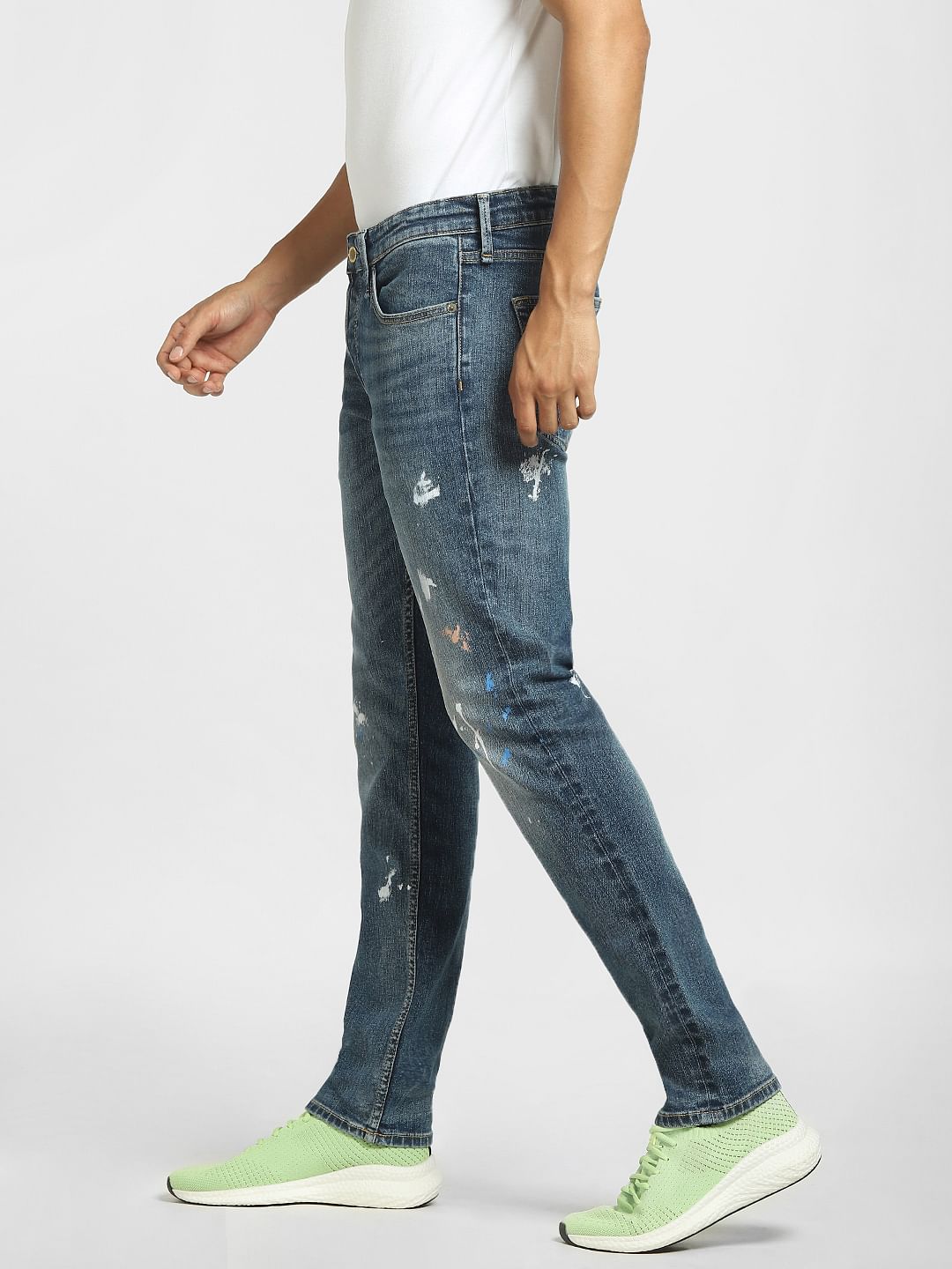 Blue Low Rise Paint Detail Slim Jeans