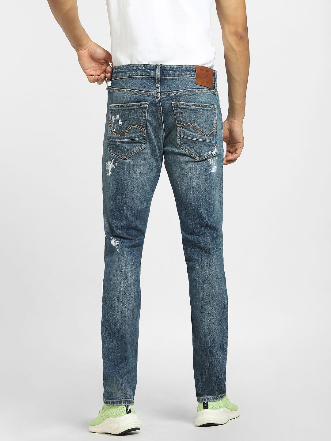 Blue Low Rise Paint Detail Slim Jeans