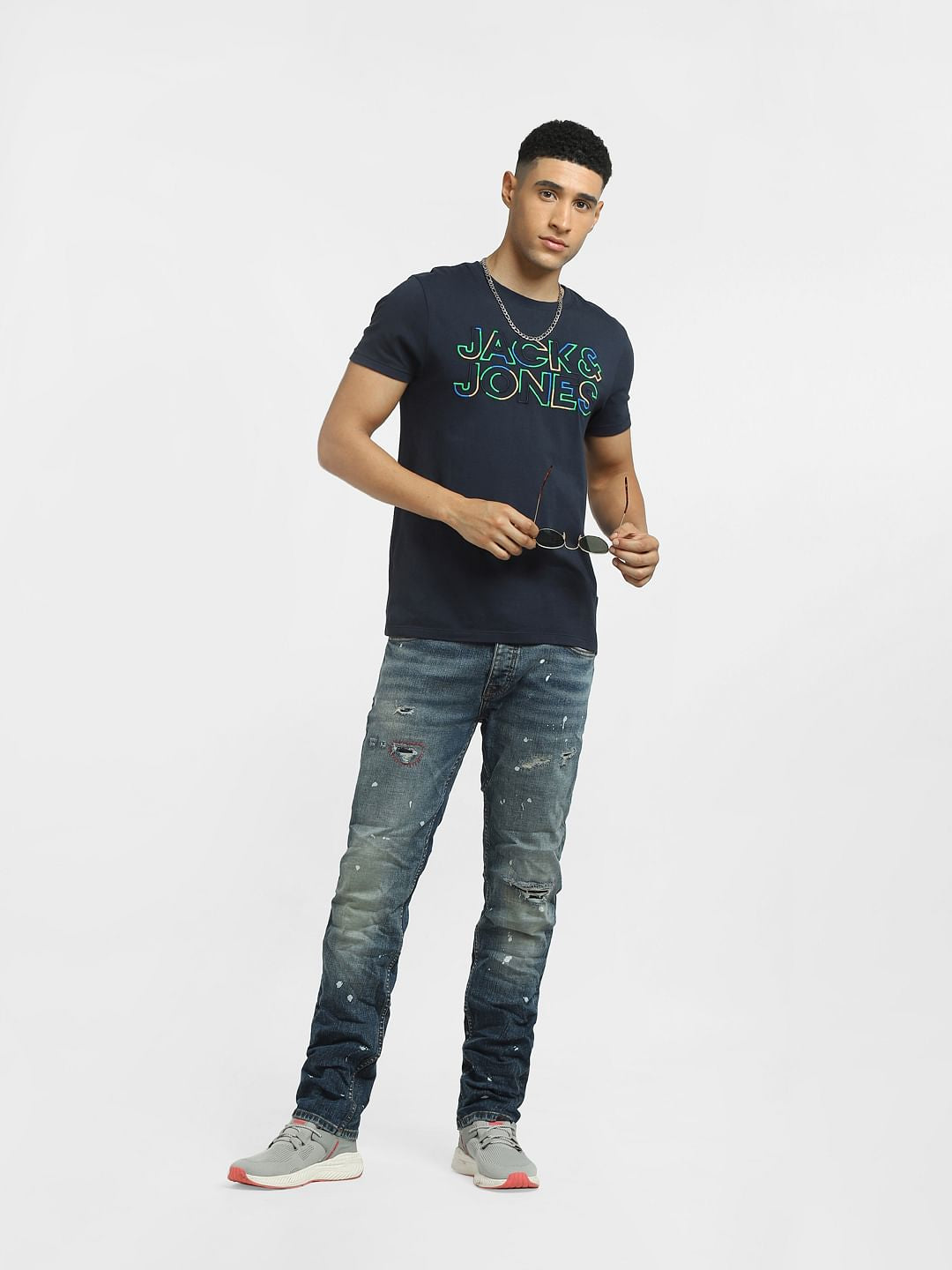 Dark Blue Low Rise Paint Detail Regular Jeans